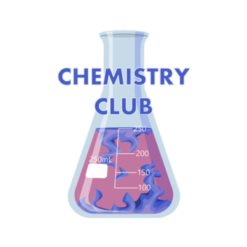 chemistry club text over a chemistry beaker filled with pink and purple liquid