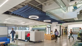 interior of Health and Science Building with students walking around