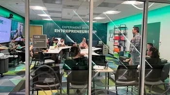 Entrepreneur Lab on campus full of people with someone speaking to the group