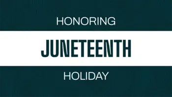 Graphic that says, "Honoring Juneteenth Holiday" with white and river colors.
