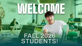 Image of student in common area studying on a laptop with a group with "Welcome Fall 2026 Students" text overlay