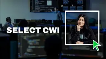 Student sitting in a computer classroom, instructor teaching at the front of the classroom, Select CWI words and arrow graphic overlay