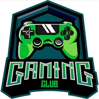 Gaming Club graphic featuring a game controller with the name of the club beneath in green and blue brand colors