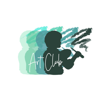 Different shades of a teal silhouette of bob ross with a paintbrush with the words art club on it