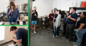 Students tour a facility, listen to a guide, and examine bottles during a hands-on learning activity.