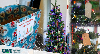 Giving Tree graphic with donation box and ornaments