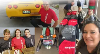 CWI employee's with #mightyCWI t-shirts and license plate frames
