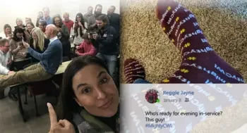 Group of faculty looking at their phones and an individual showing off their #mightyCWI socks.