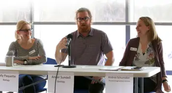 CWI faculty, Holly Paquette, Ander Sundell, and Andrea Schumaker at the Common Read Series event, Communicating Scientifically