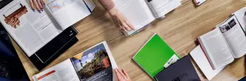 Top view of text books on study room table