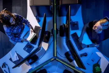 Overhead view of students working on computers