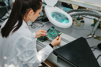 Student looking at semicondutor circut board at desk