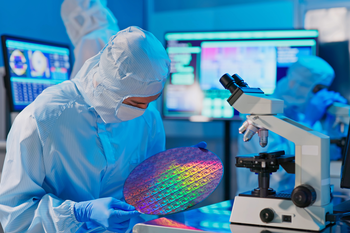 Semiconductor employee examining wafer.