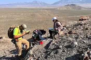 Students with studing rocks formations outside