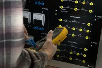 Hand holding a meter in front of controls
