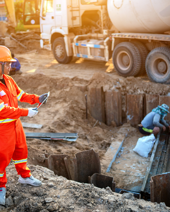 Person in orange safety suite at construction site