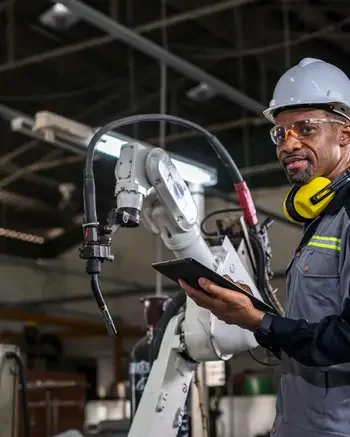 Person in safety gear standing near large robotic equipment
