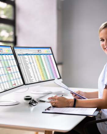 Medical Coding and Billing specialist working on a computer in a office
