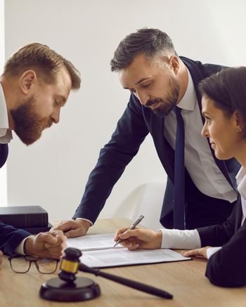 Three people huddling at a desk conversing