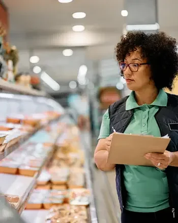 Woman with glasses and clipboard inspecting food at a grocery store