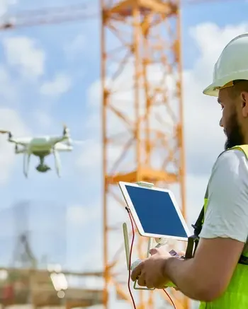Person operating a drone with a digital screen at a construction site
