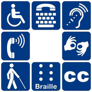 7 blue squares with symbols for a wheelchair, keyboard, phone, hear, person with cane, braille, sign language and closed caption