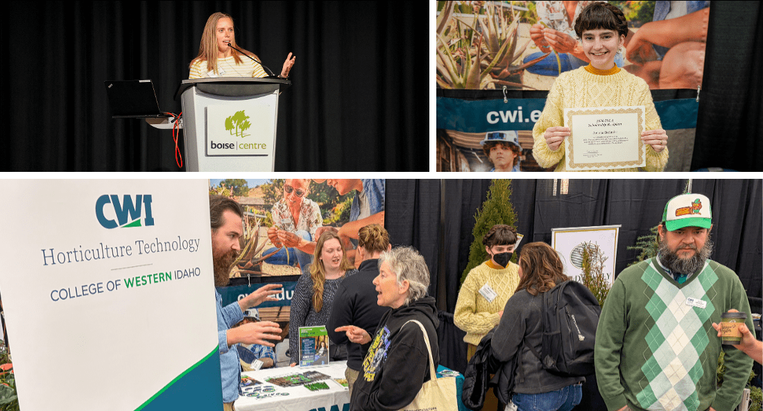 Collage of CWI horticulture-related activities, including a speaker at a podium, a student holding a certificate