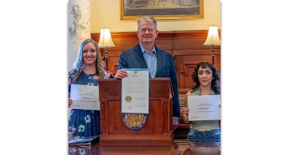 CWI student Alexandria Horner and CWI instructor Tami Porter with Gov. Brad Little