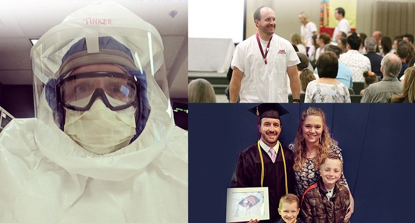 Collage of photos of Mike Tinker - at work on the front lines, at Nursing Pinning Ceremony, and his family at Commencement